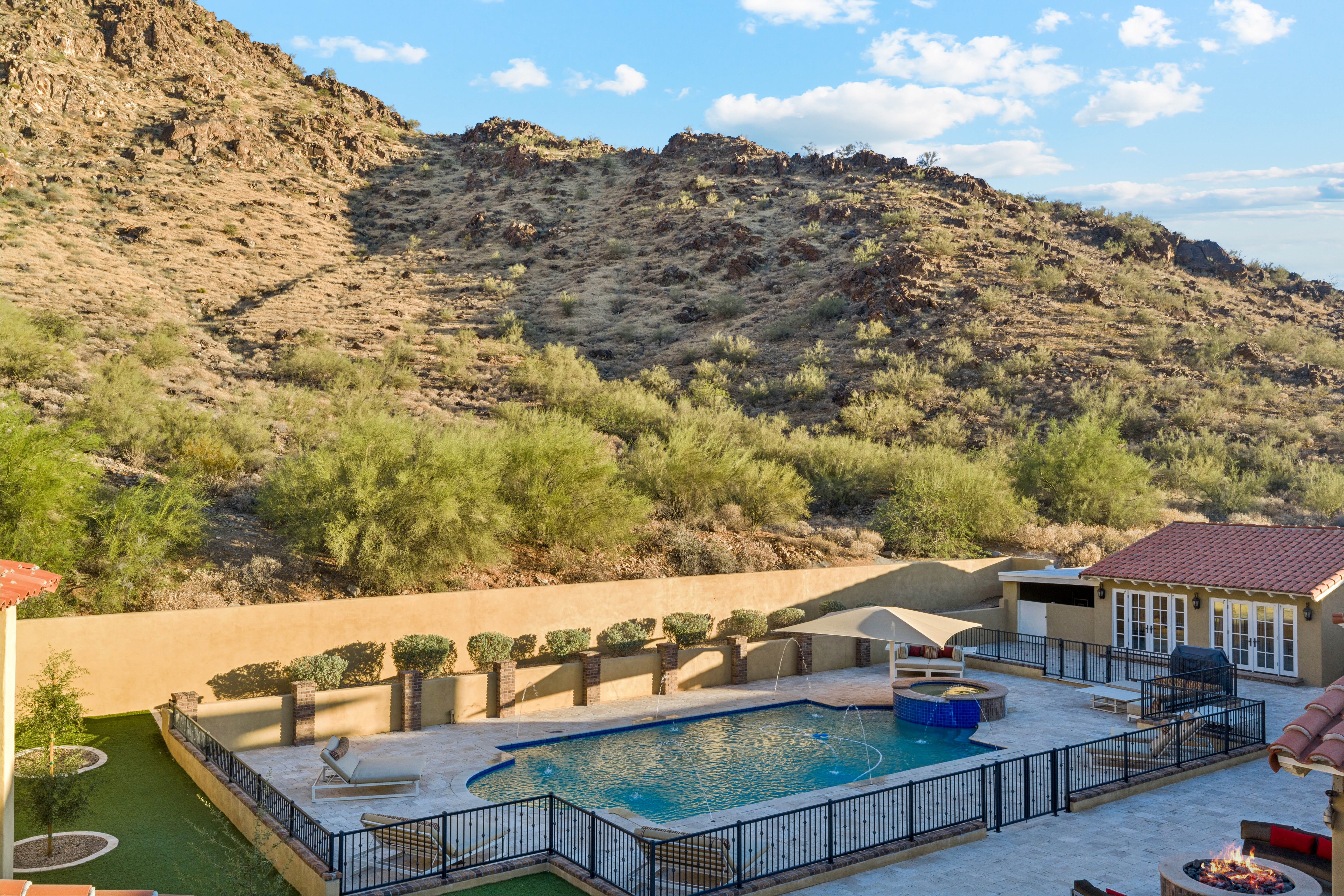 Pool and spa from above with canyon backdrop